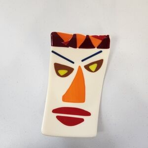 Abstract Angry Face Ceramic Art Artisan Trinket Dish Funky Home Decor Orange